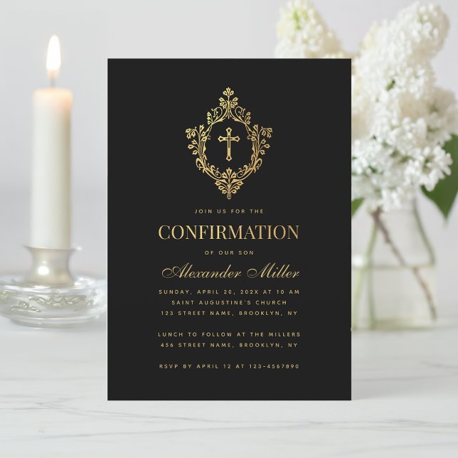 Invitación Elegante Vintage Confirmación Black Faux Gold Escu (Subido por el creador)