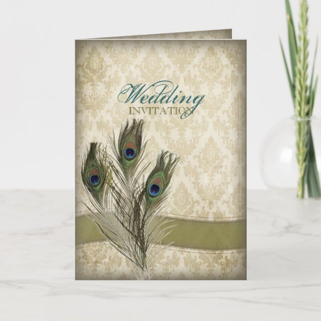 Invitación elegante vintage crema damasco pavo real boda (Anverso)