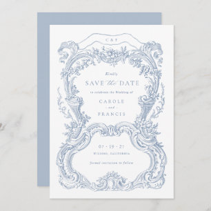 Invitación Elegante Vintage Floral Blue Toile Save the Date