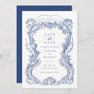Invitación Elegante Vintage Floral Blue Toile Save the Date