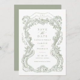 Invitación Elegante vintage Floral Sage Toile Guardar la fech