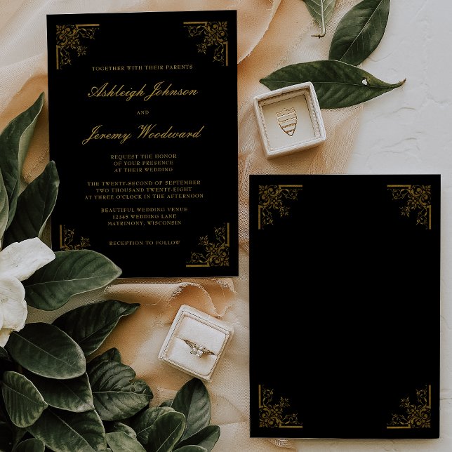 Invitación Elegante Vintage Gold Corners Script Black Boda (Subido por el creador)
