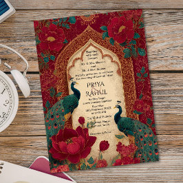 Invitación Elegante Vintage Granate Oro Pavo Real Boda India