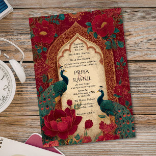 Invitación Elegante Vintage Granate Oro Pavo Real Boda India
