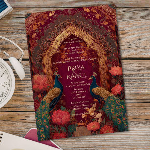 Invitación Elegante Vintage Granate Oro Pavo Real Boda India