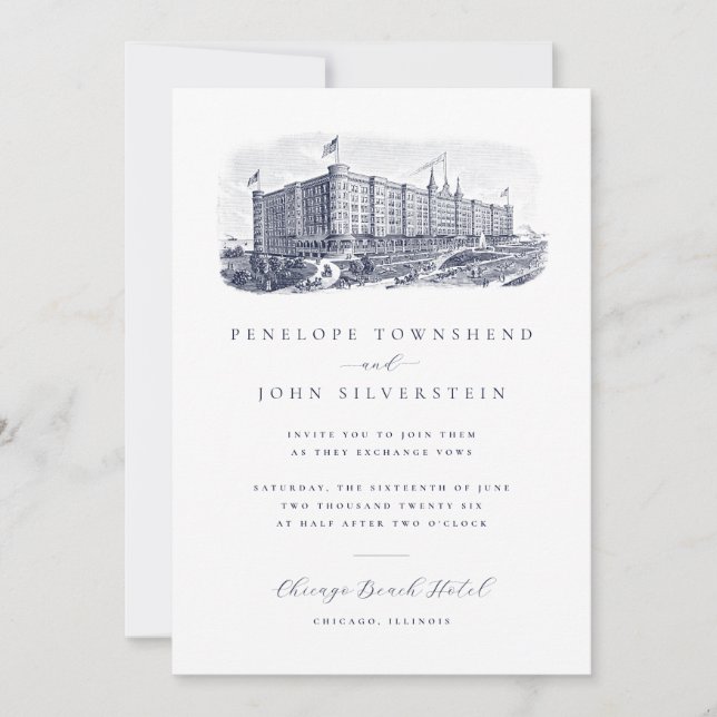 Invitación Elegante Vintage Hotel Boda de Destino (Anverso)