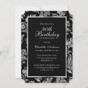 Invitación Elegante Vintage negro y plateado 90 cumpleaños