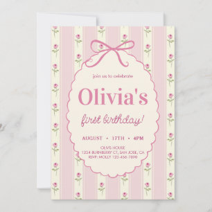Invitación Elegante Vintage Pink Bow Floral Cumpleaños