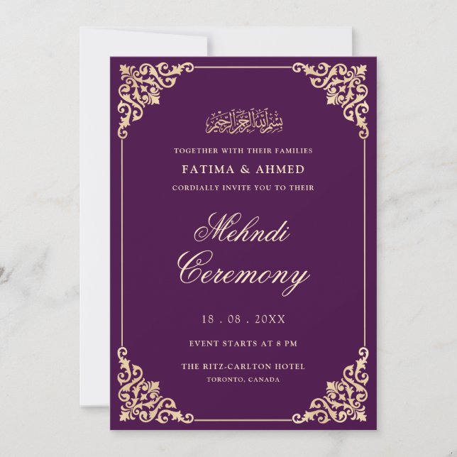 Invitación Elegante Vintage Purple Gold Script Mehndi Ceremon (Anverso)