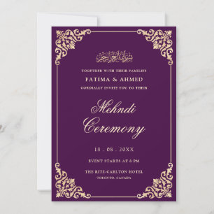 Invitación Elegante Vintage Purple Gold Script Mehndi Ceremon
