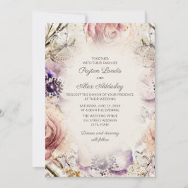 Invitación Elegante Vintage Rosa Floral Bodas Púrpura