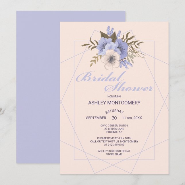 Invitación Elegante Violeta Cinco Rosas Petales Ducha Bridal (Anverso / Reverso)