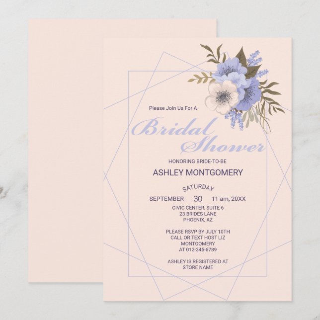 Invitación Elegante Violeta Cinco Rosas Petales Ducha Bridal (Anverso / Reverso)