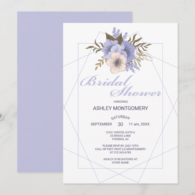 Invitación Elegante Violeta Cinco Rosas Petales Ducha Bridal (Anverso / Reverso)
