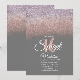 Invitación Elegante Violeta Rosado Ombre Glitter Dulces 16