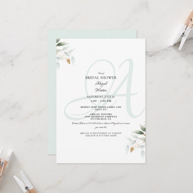 Invitación Elegante virtual Foliage & Sea Glass Bridal Shower (Anverso/Reverso In Situ)