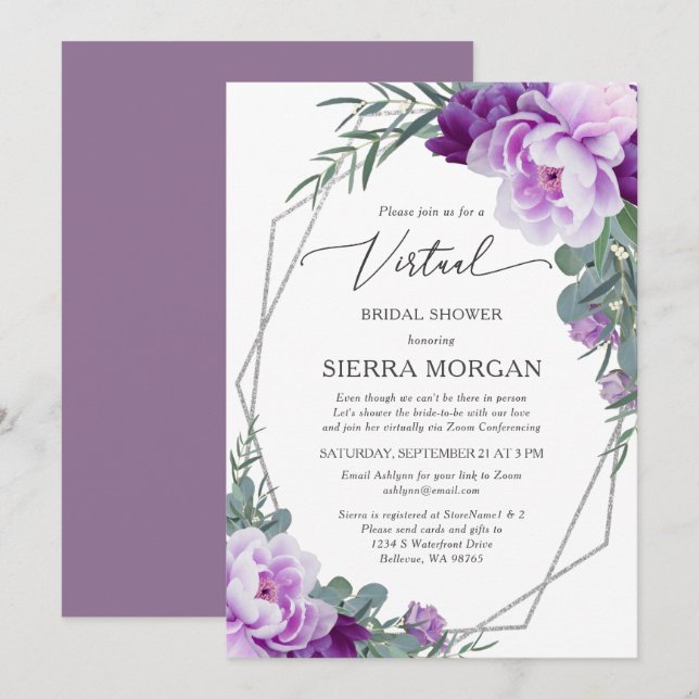 Invitación Elegante Virtual Silver Purple Floral Bridal Showe (Anverso / Reverso)
