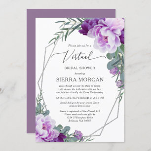 Invitación Elegante Virtual Silver Purple Floral Bridal Showe