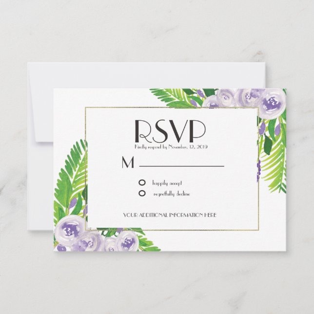 Invitación Elegante Voilet/Morado Boda acuarela Floral (Anverso)