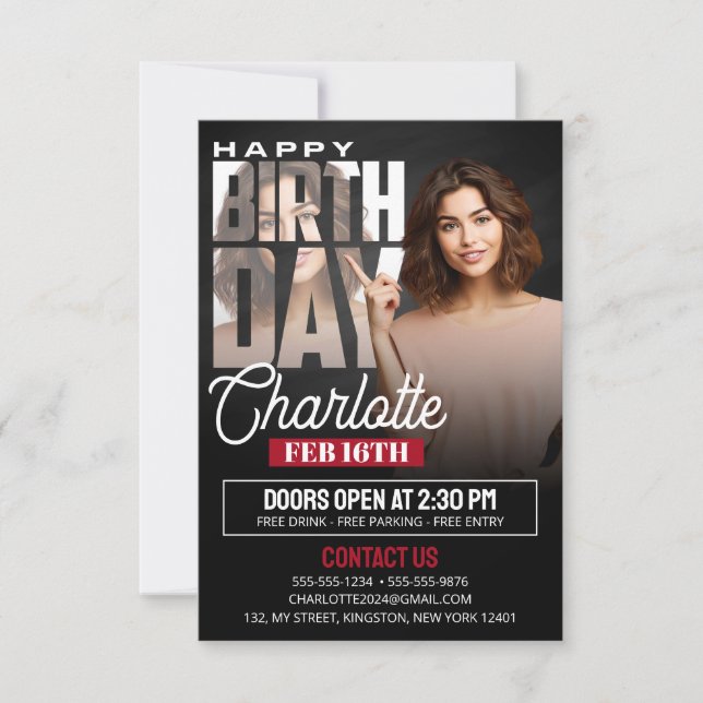 Invitación Elegante volante de fiesta de cumpleaños negro con (Anverso)
