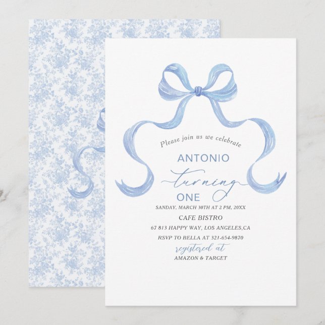 Invitación Elegante Watercolor Blue Bow Boy Baby Shower (Anverso / Reverso)