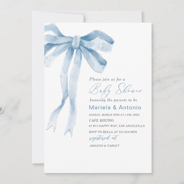 Invitación Elegante Watercolor Blue Bow Boy Baby Shower (Anverso)