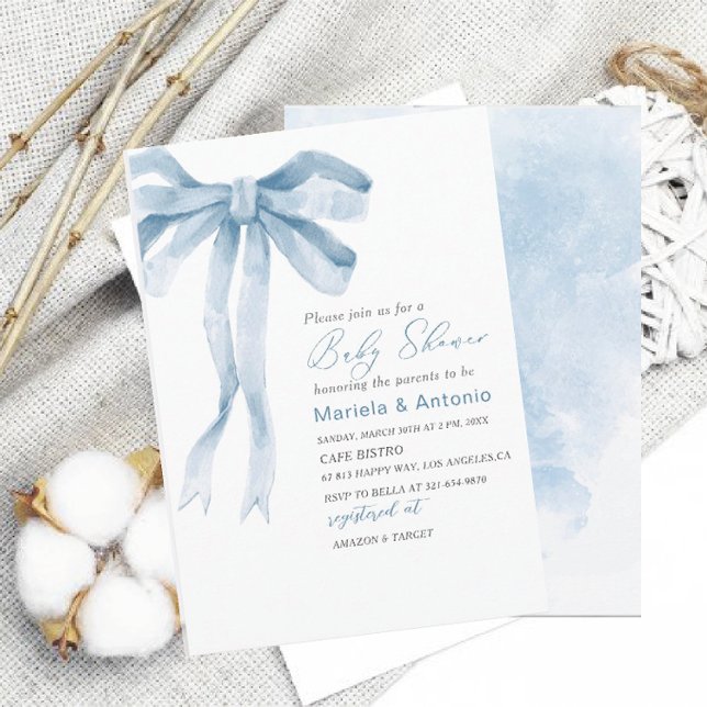 Invitación Elegante Watercolor Blue Bow Boy Baby Shower (Subido por el creador)