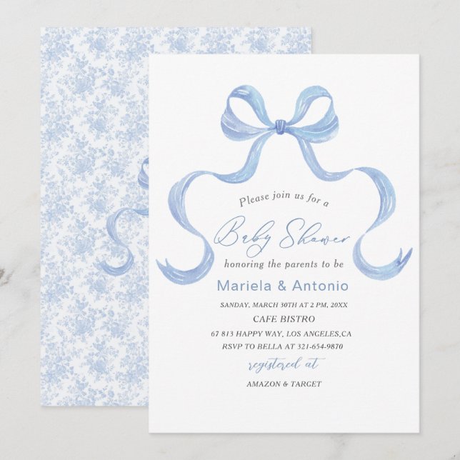Invitación Elegante Watercolor Blue Bow Boy Baby Shower (Anverso / Reverso)