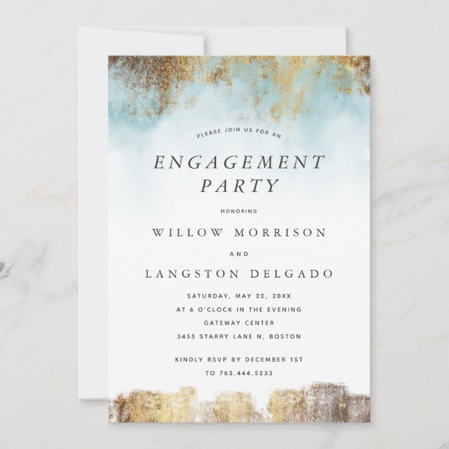 Invitación Elegante Watercolor Blue Gold Engagement Party (Anverso)