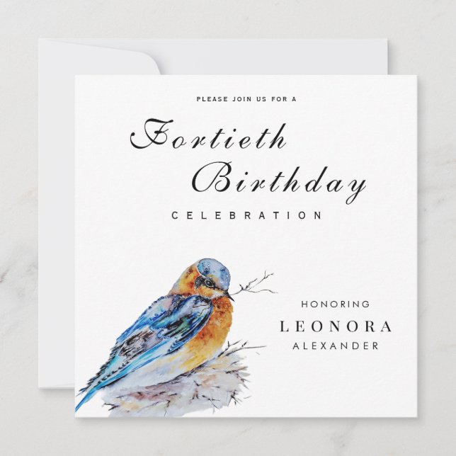 Invitación Elegante Watercolor Bluebird Milestone Cumpleaños (Anverso)