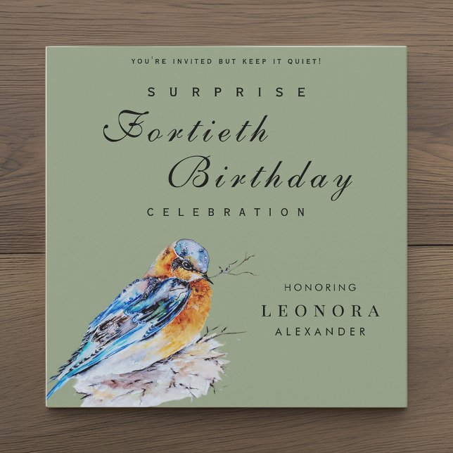 Invitación Elegante Watercolor Bluebird Surprise Cumpleaños (Subido por el creador)
