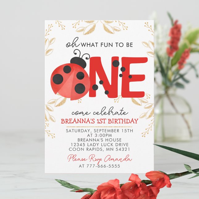 Invitación Elegante Watercolor Dorado Ladybug Primer Fiesta d (Oh What Fun to Be One Gold Glitter on White with Red and Black Accents 1st Birthday Invitation)