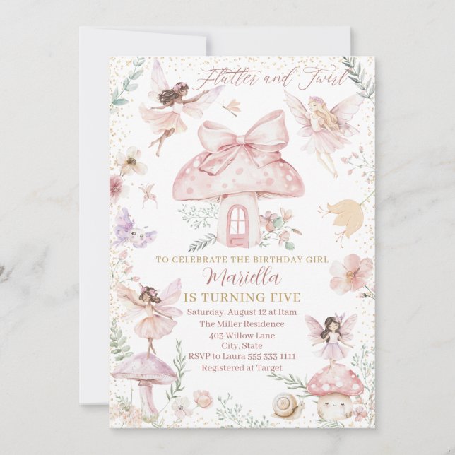 Invitación Elegante Watercolor Fairy cumple cinco años (Anverso)