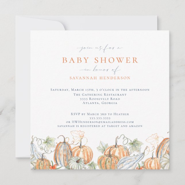 Invitación Elegante Watercolor Fall Pumpkin Baby Shower (Anverso)