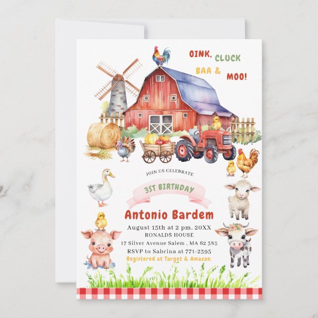 Invitación Elegante Watercolor Farm Baby 3 años (Anverso)