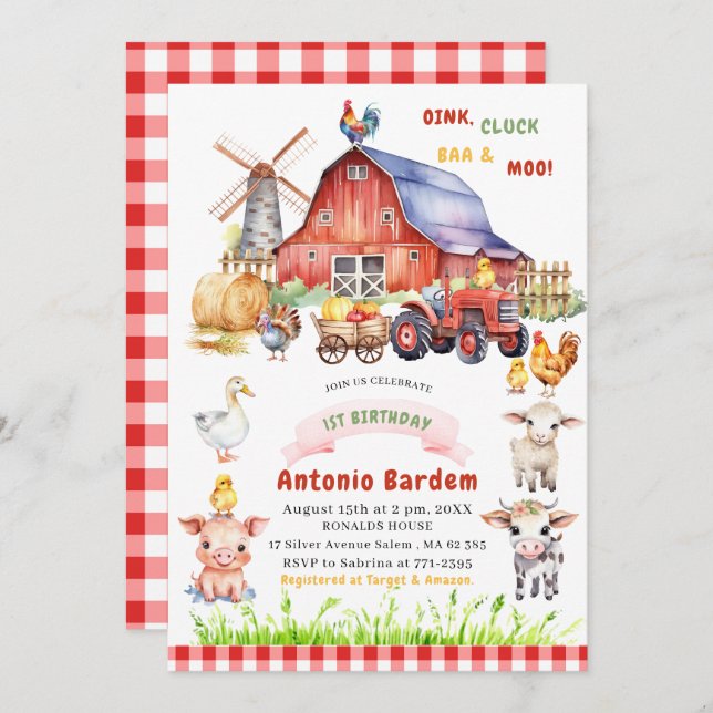 Invitación Elegante Watercolor Farm Baby Primer cumpleaños (Anverso / Reverso)