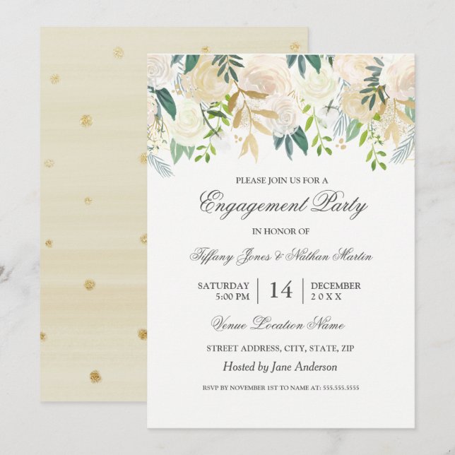 Invitación Elegante Watercolor Floral Gold Engagement Party (Anverso / Reverso)