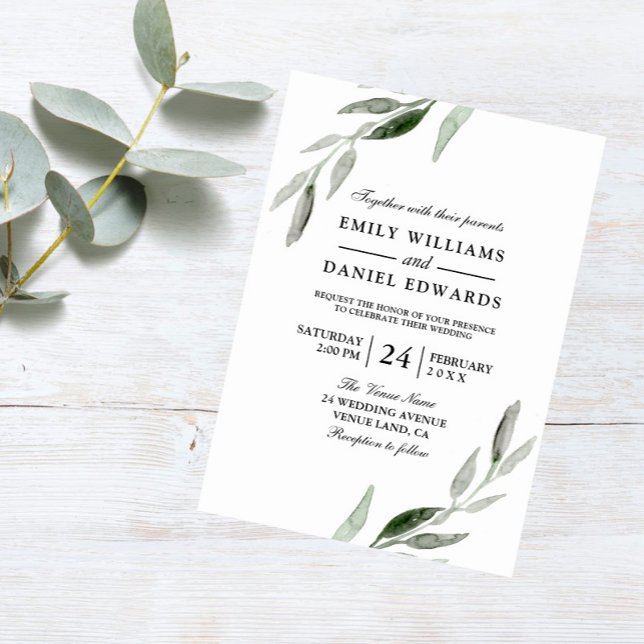 Invitación Elegante Watercolor Green Leaf Wedding Invite (Subido por el creador)