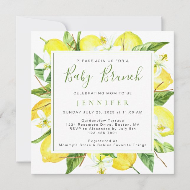 Invitación Elegante Watercolor Limón Botánico Bebé Brunch (Anverso)