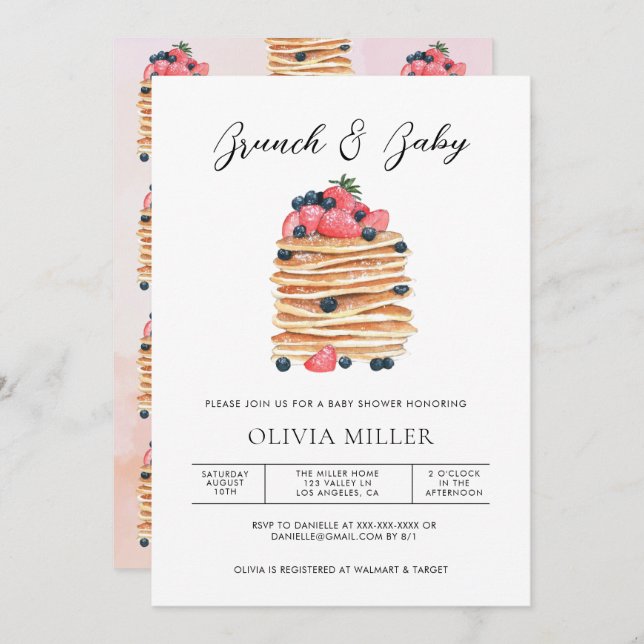 Invitación Elegante Watercolor Pancakes Brunch & Baby Shower (Anverso / Reverso)