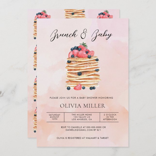 Invitación Elegante Watercolor Pancakes Brunch & Baby Shower (Anverso / Reverso)