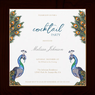 Invitación Elegante Watercolor Peacock Cocktail Fiesta