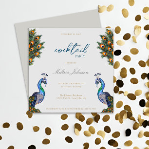 Invitación Elegante Watercolor Peacock Cocktail Fiesta