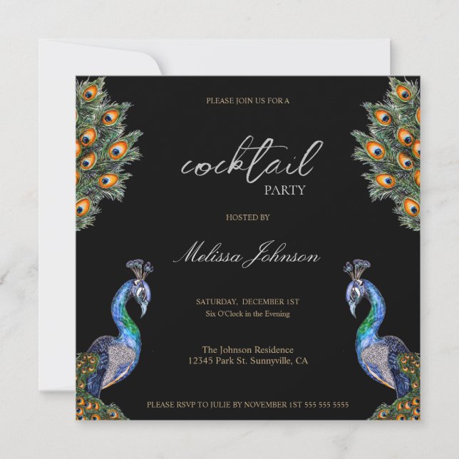 Invitación Elegante Watercolor Peacock Cocktail Fiesta (Anverso)