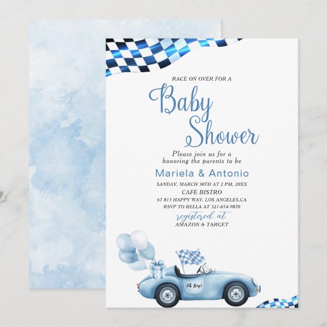 Invitación Elegante Watercolor Race Car Baby Shower (Anverso / Reverso)