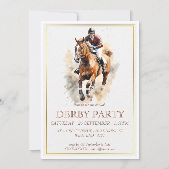 Invitación Elegante Watercolor Racehors Derby Fiesta Equestri (Anverso)