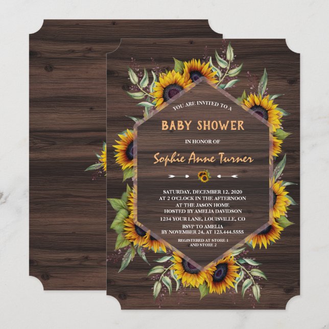 Invitación Elegante Watercolor Sunflowers Wood Baby Shower (Anverso / Reverso)