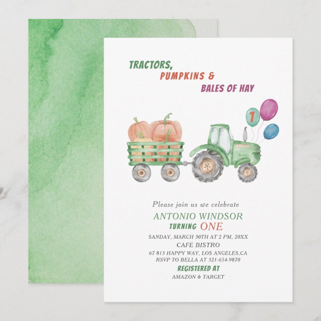 Invitación Elegante Watercolor Tractores Pumpkins Baby Shower (Anverso / Reverso)