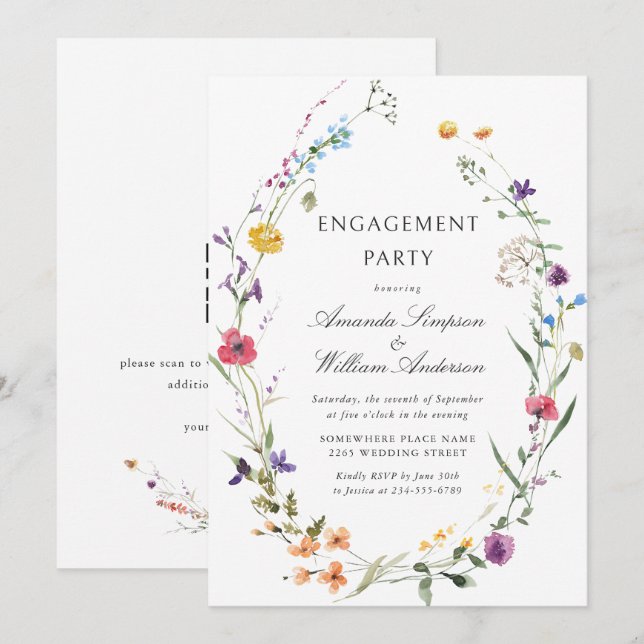 Invitación Elegante Watercolor Wild Flowers PAREMENT (Anverso / Reverso)