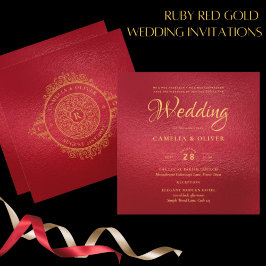 Invitación Elegante WEDDING de Oro Rojo Ornato Vintage